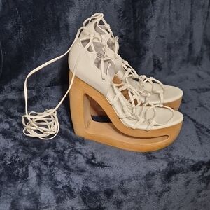 Jeffrey Campbell White and Tan Wedge Sandals